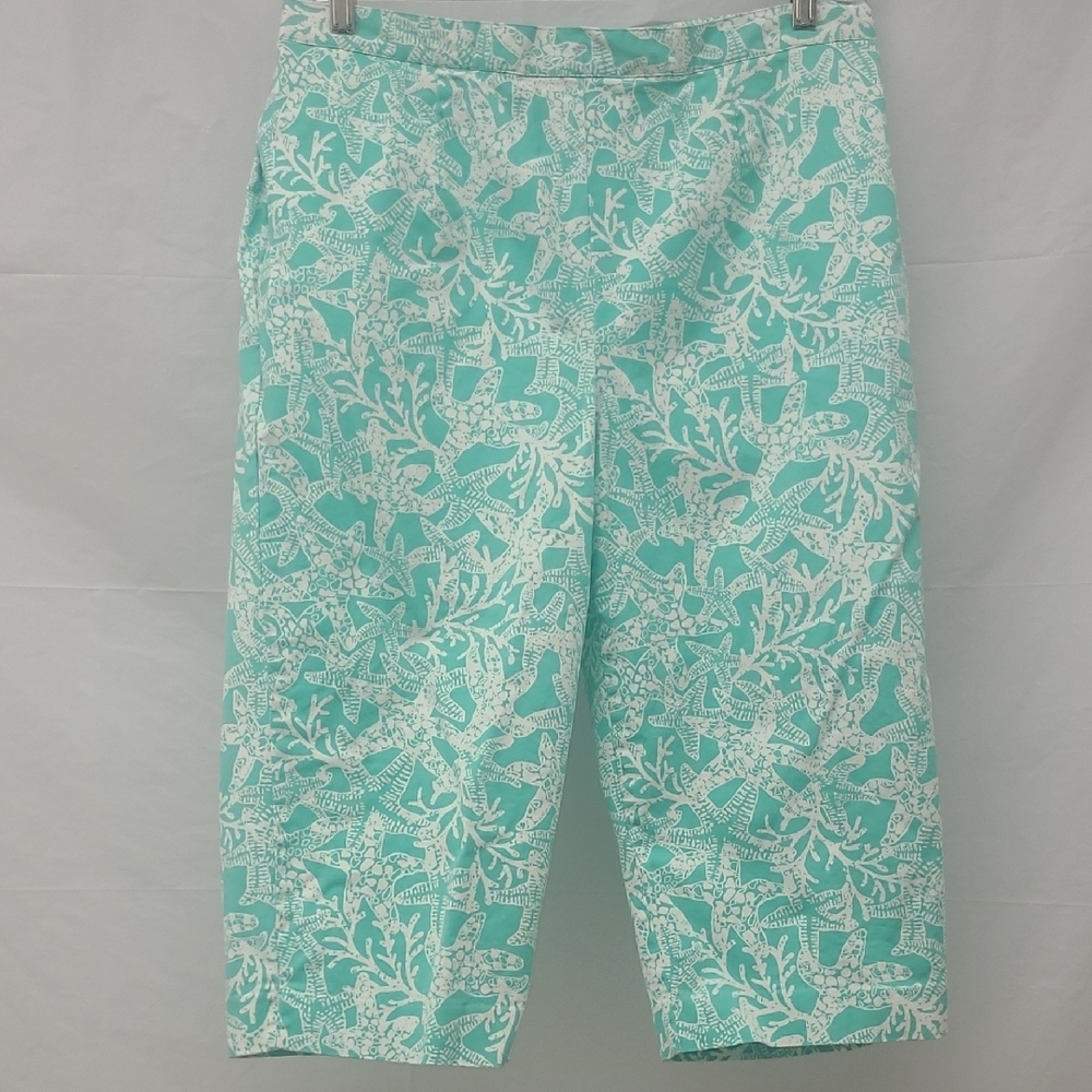 Shorts Beachy Coral Starfish Print Aqua White Pockets Elastic Waist Coastal Cool